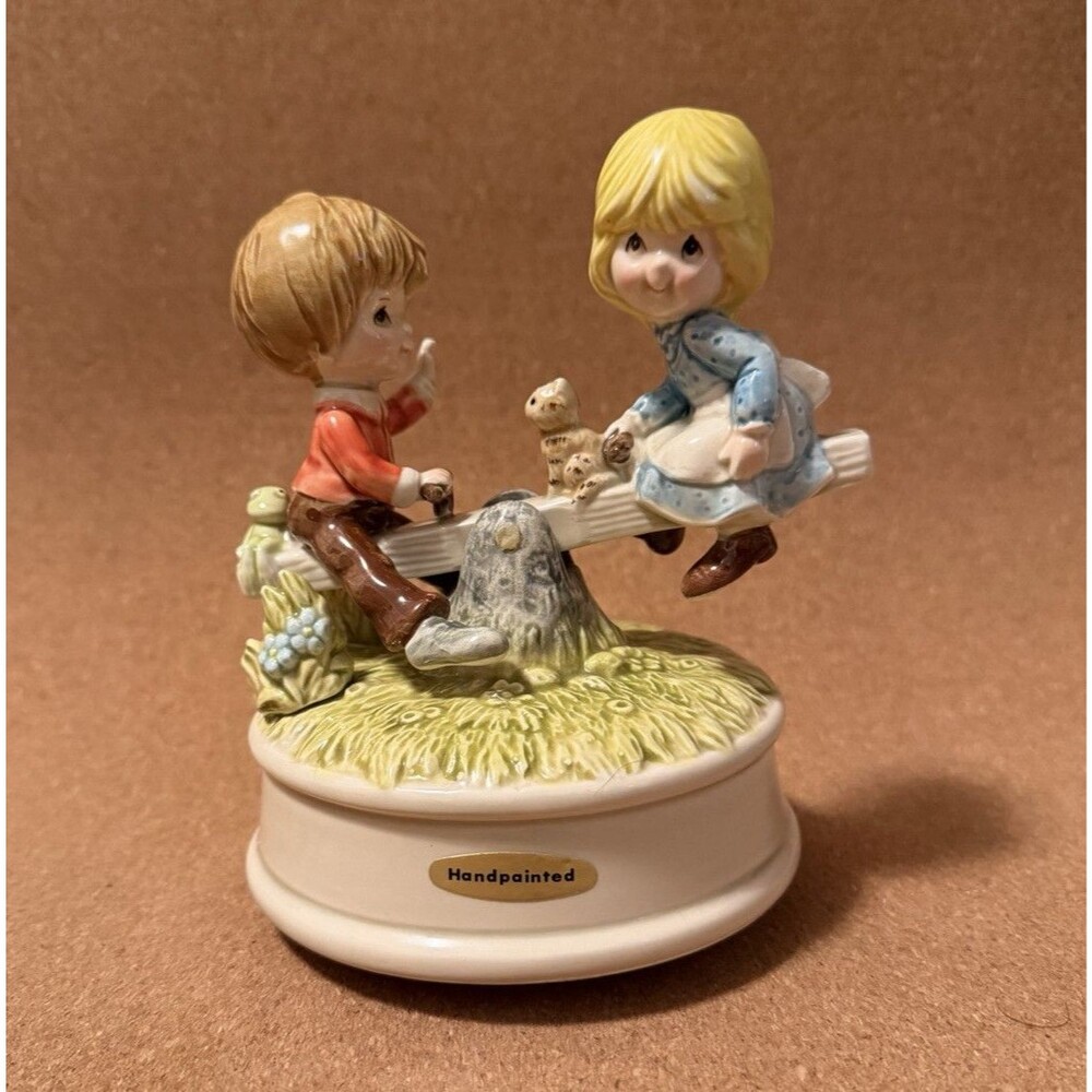 Otagiri Handpainted School Days Music Box Figurine Kids on Seesaw
